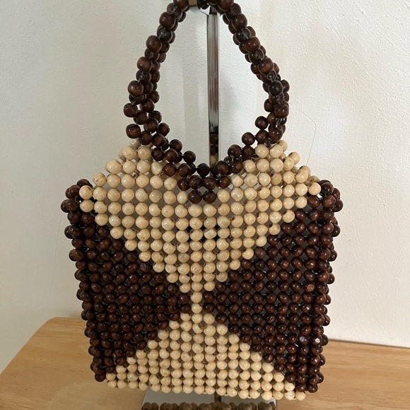 Aqua Mini Beaded Wood Tote Bag- Brown/ Natural - Picture 1 of 5